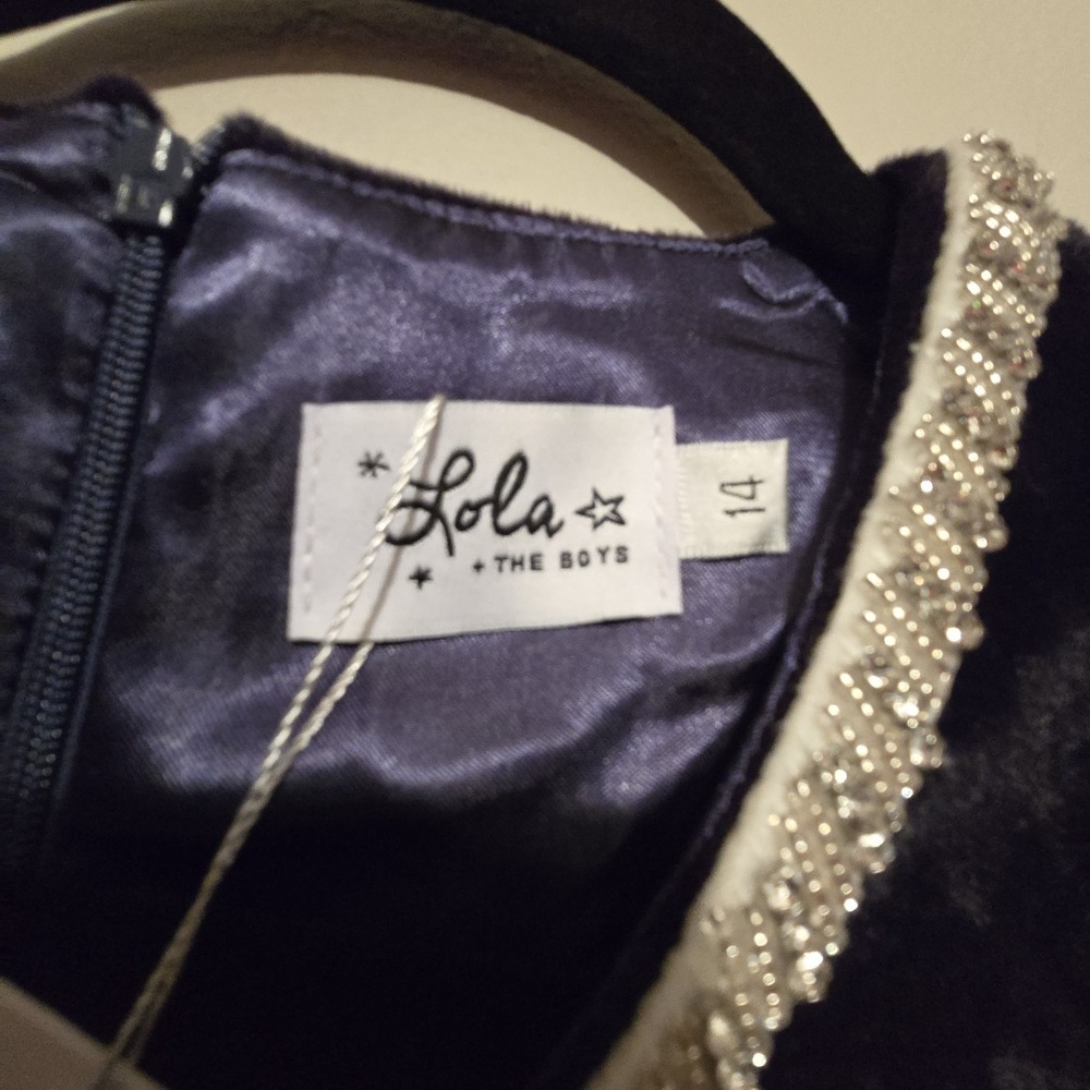 Lola & The Boys NWT Velvet Bow Princess Dress Girls Sz 14 Navy Beaded Lined NEW - Picture 4 of 11
